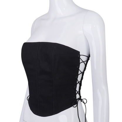 New Women's Solid Color Sleeveless Sexy Wrap Chest Open Back Eyelet Side Strap Corset