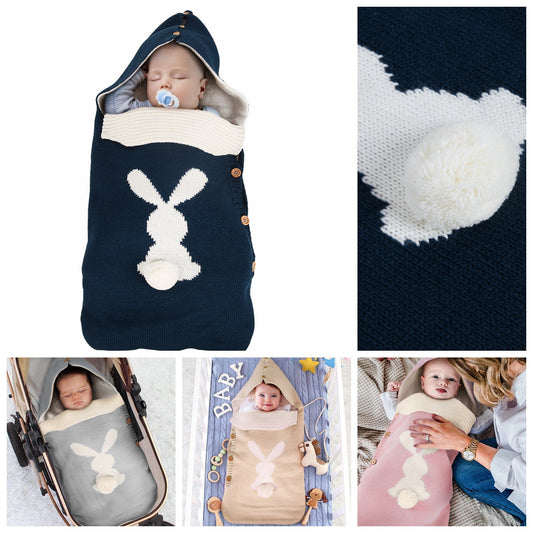 New Solid Color Baby Knitted Rabbit Button Sleeping Bag Outdoor Stroller Wool Baby Sleeping Bag