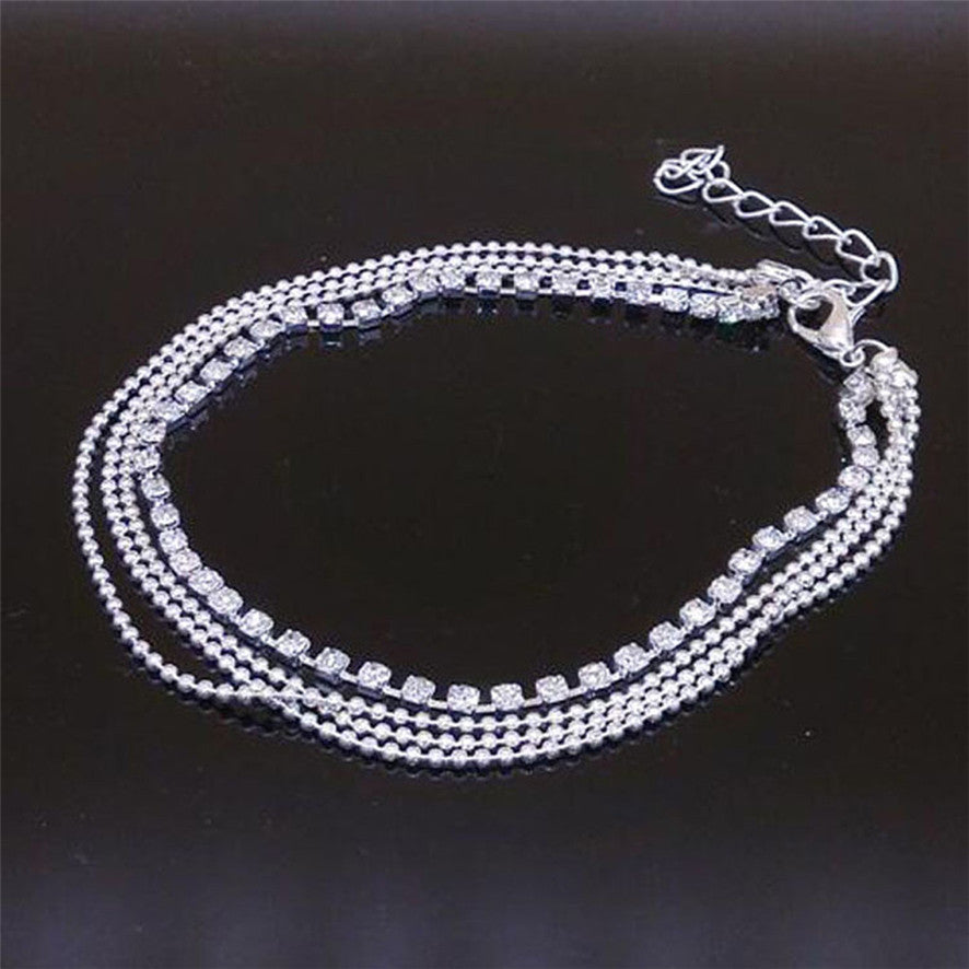 Women Girl Multi Layer Silver Crystal Ball Bracelet Anklet Ankle Foot Chain Women Jewelry