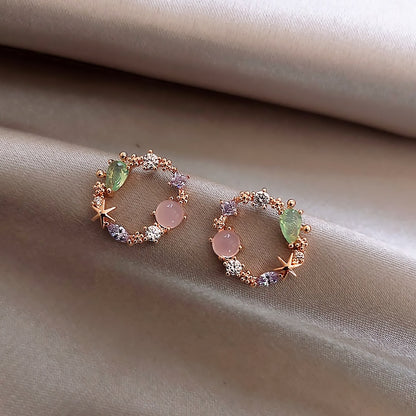 New Arrival Classic Round Pink Green Crystal Stud Earrings for women Sweet Flower Cirlce Jewelry Fashion Brincos Gift