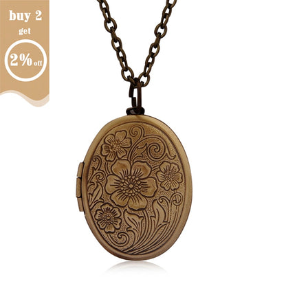 Oval Carved Flower Stripe Locket Pendant Necklace Women Vintage Ancient Brass Opening Photo Box Jewelry