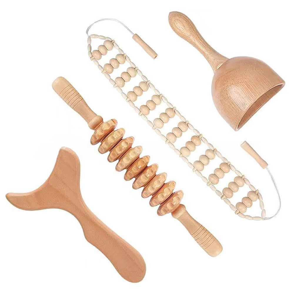 Beech wood therapy scraping cup, meridian dredging roller, tendon rolling stick, scraping board, head massager, massage set