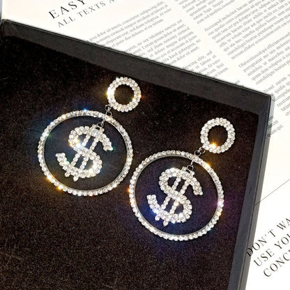 Dollar $Letter Symbol Coin Rhinestone Exaggerated Earrings Earrings Earstuds Earrings