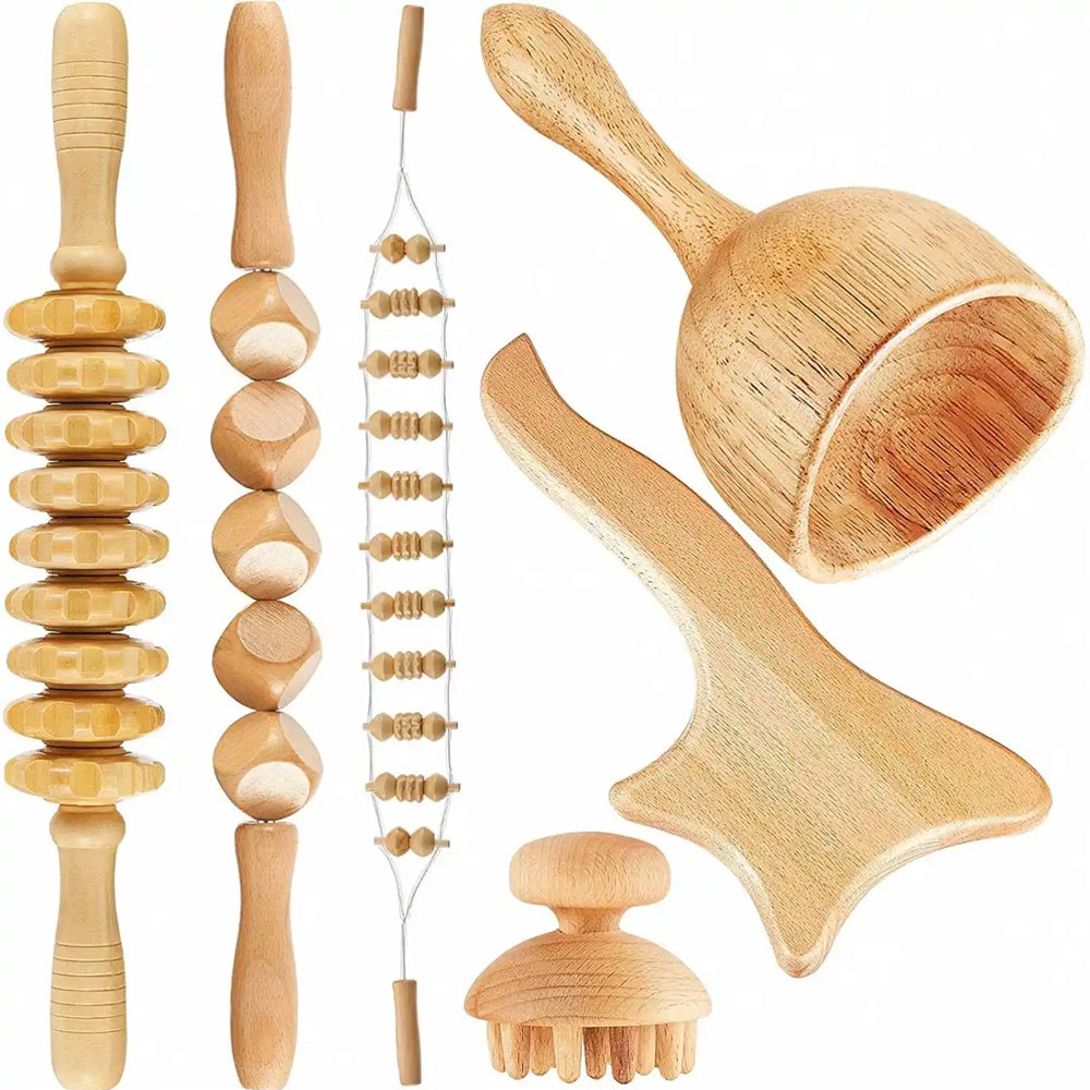 Beech wood therapy scraping cup, meridian dredging roller, tendon rolling stick, scraping board, head massager, massage set