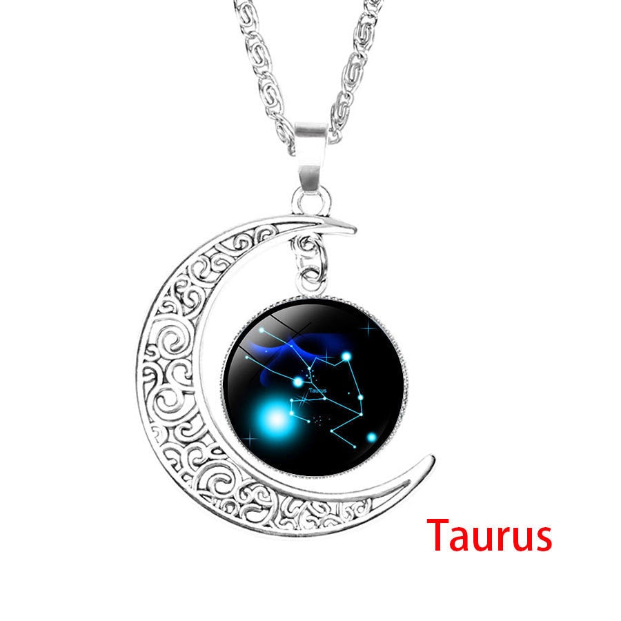 12 Zodiac Sign Pendant Necklace Glass Cabochon Double Galaxy Constellation Horoscope Astrology Necklace For Women Men Jewelry