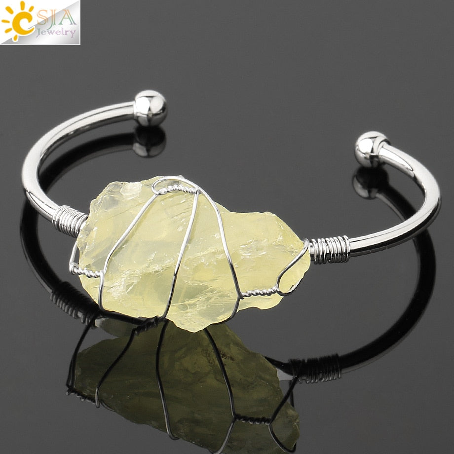 CSJA Natural Stone Bangle Gold-color Wire Wrap Irregular Crystal Quartz Cuff Copper Bracelets for Women Girls Kids Jewelry G327