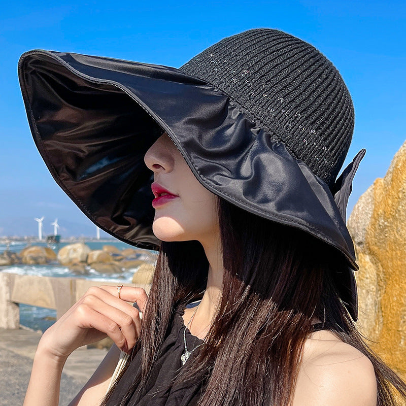 Big Brim Hat Outdoor UV Protection Big Head Sun Hat Silver Silk Thread Rear Opening Bow Sun Hat