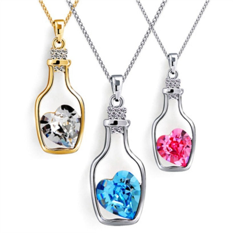 Punk Pink Blue Collares Men Wish Bottle Crystal Heart Pendant Necklace For Women Chain Jewelry Statement collier