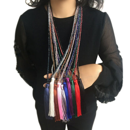 Colorful Velvet Thread Pendant Crystal Tassel Sweater Chain Women's Handmade Long Necklace Jewelry