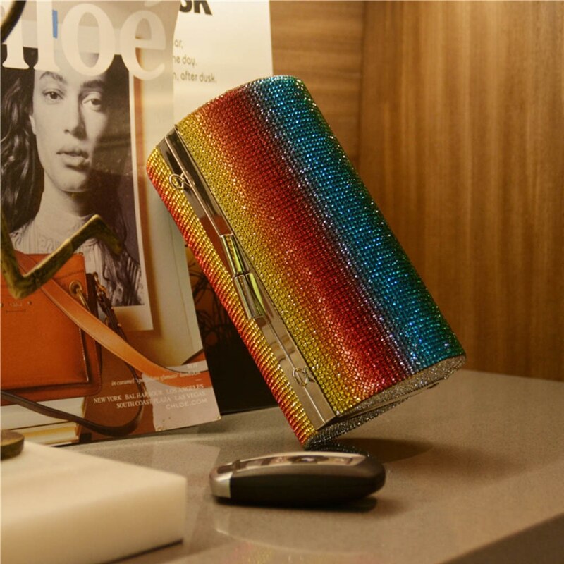 Rainbow Rhinestone Purse Evening Bags for Women Luxury Party Handbag for Wedding Clutch Bag Diamond Cylinder Shoulder Bag