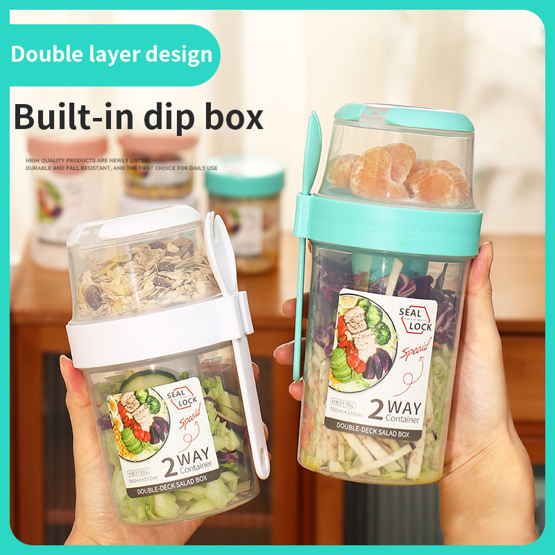 Double-Layer Plastic Salad Cup With Spoon Cover And Fork Sealed For Students Portable Light Food Cup