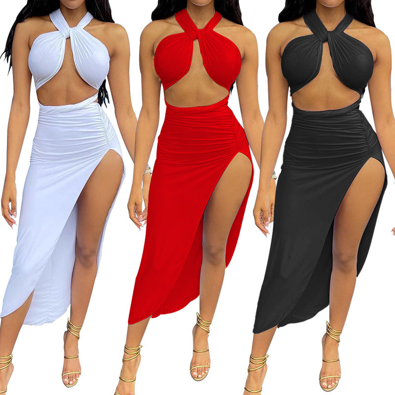 Solid Color Sexy Halter Neck Open Back Sexy Slit Skirt Two-Piece Set