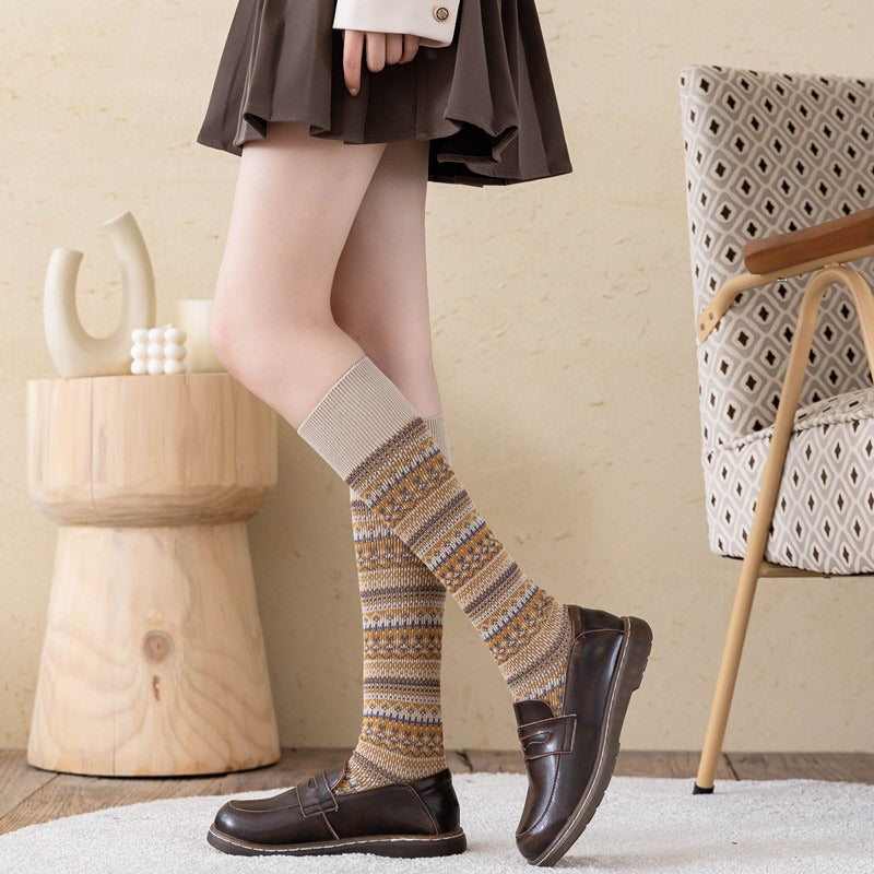 Socks Women's Middle and High Tube Calf and Knee Socks Ins Ethnic Style Net Red Style Harajuku Mori Striped Cotton Socks