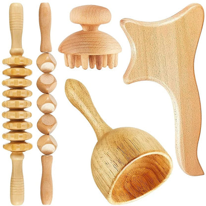 Beech wood therapy scraping cup, meridian dredging roller, tendon rolling stick, scraping board, head massager, massage set