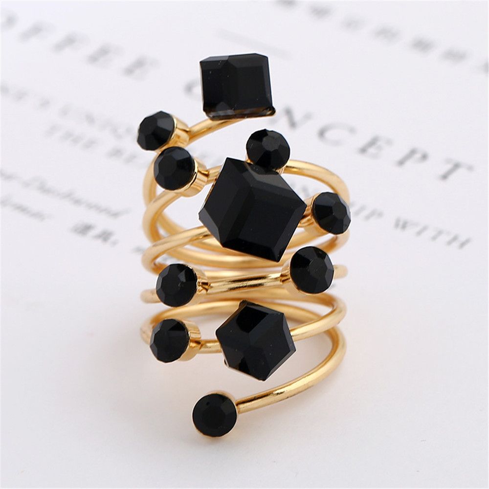 Punk Antique Black Crystal Stone Opening Gold Rings Set for Women Men Adjustable Gothic Statement Party Jewelry