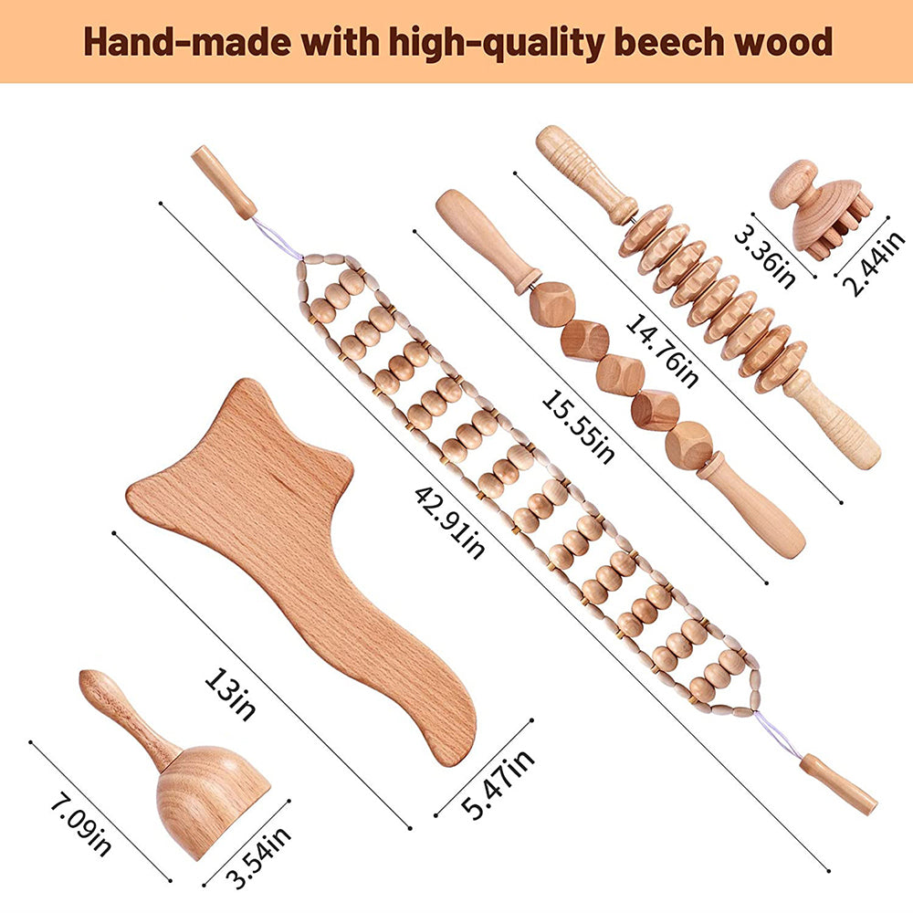 Beech wood therapy scraping cup, meridian dredging roller, tendon rolling stick, scraping board, head massager, massage set