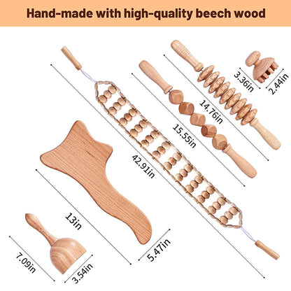 Beech wood therapy scraping cup, meridian dredging roller, tendon rolling stick, scraping board, head massager, massage set