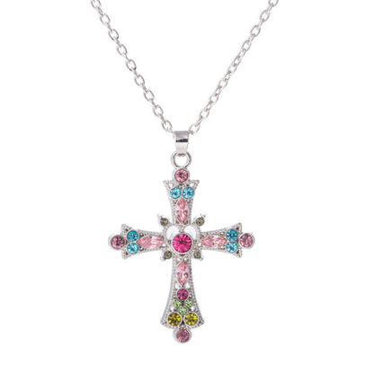 Bohemian Style Crystal Diamond Color Cross Pendant Girls Clavicle Necklace Jewelry