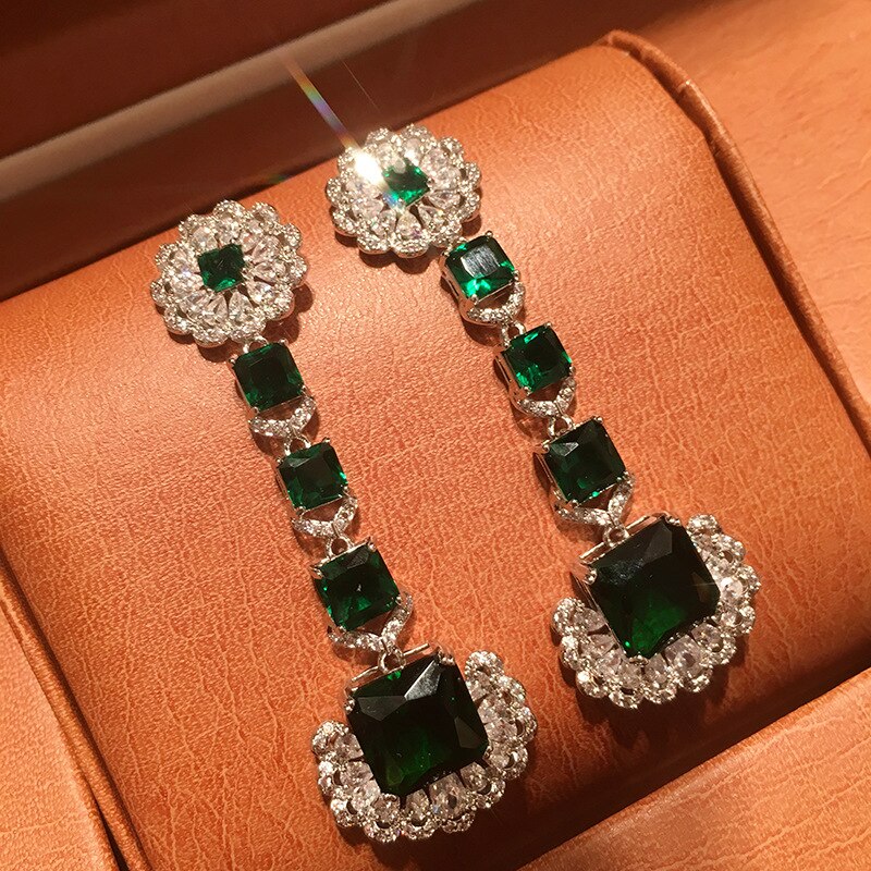 Retro Luxurious Green Square Earrings Trend Tassel Women Crystal Jewelry Top Quality Cubic Zirconia Fashion Friends Gift