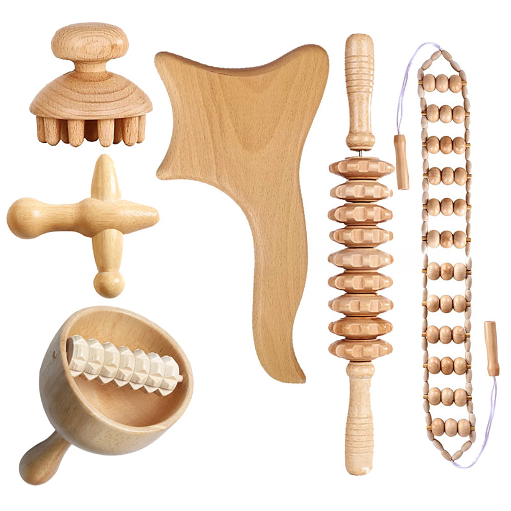 Beech wood therapy scraping cup, meridian dredging roller, tendon rolling stick, scraping board, head massager, massage set