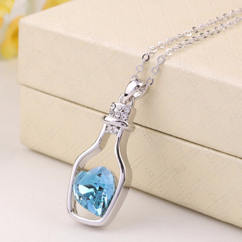 Punk Pink Blue Collares Men Wish Bottle Crystal Heart Pendant Necklace For Women Chain Jewelry Statement collier