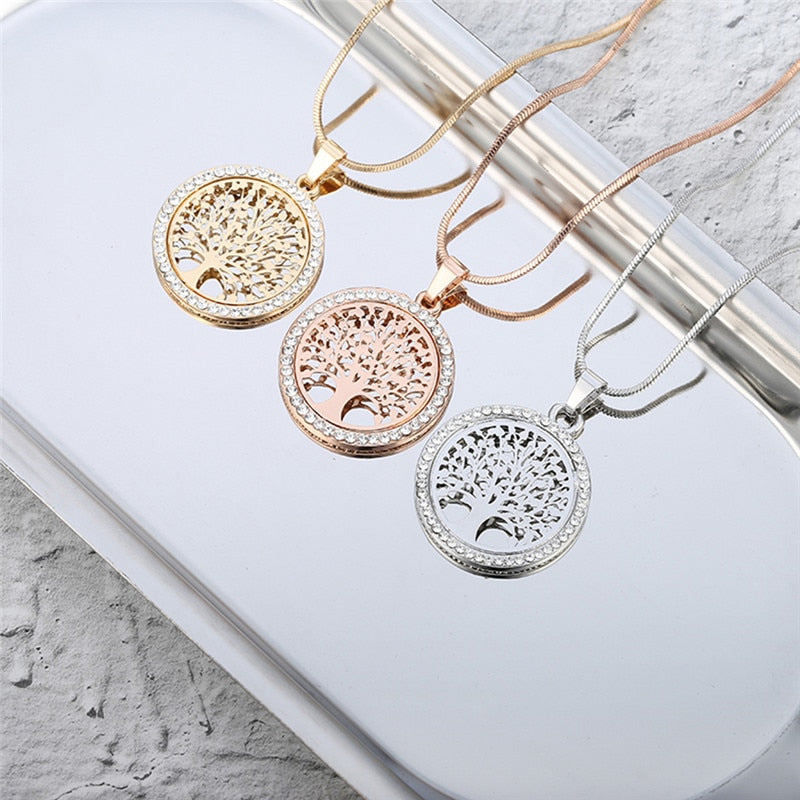 Hot Tree of Life Crystal Round Small Pendant Necklace Gold Silver Color Bijoux Collier Elegant Women Jewelry Gifts