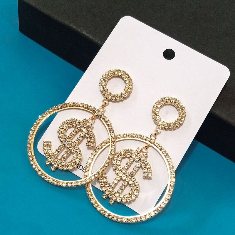 Dollar $Letter Symbol Coin Rhinestone Exaggerated Earrings Earrings Earstuds Earrings