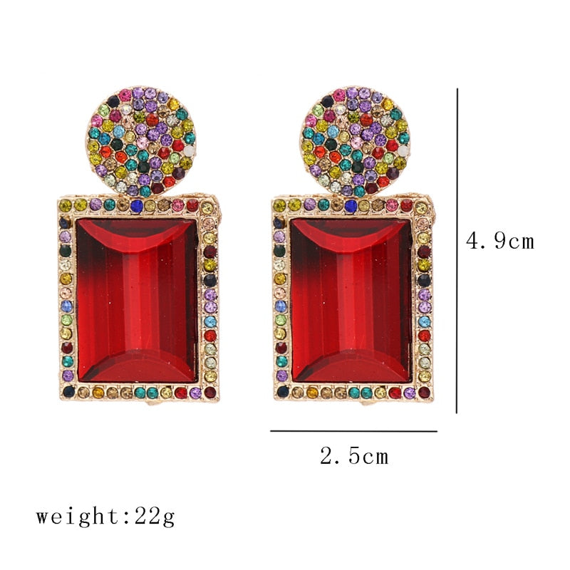 JURAN Colorful Square Rhinestone Statement Earring for Women Trendy Luxury Geometric Rainbow Earring Fashion Jewelry Trend