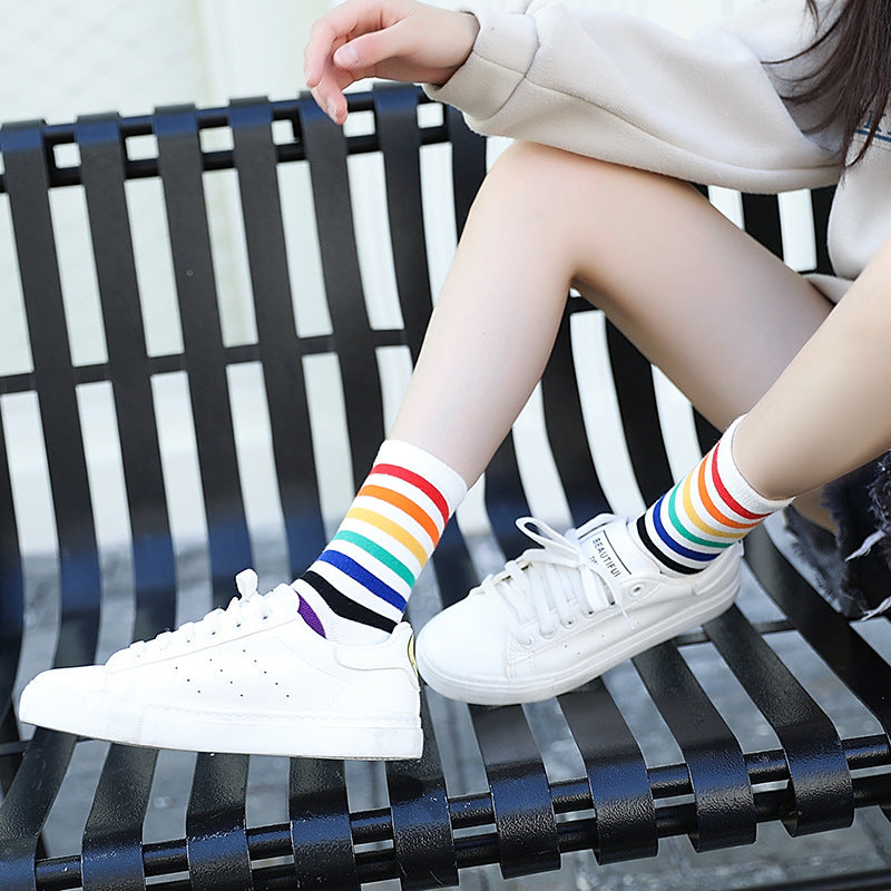 Rainbow Striped Patterned Funny Short Socks Women Cool Cotton Harajuku Socks Female Fashion Colored Happy Sock