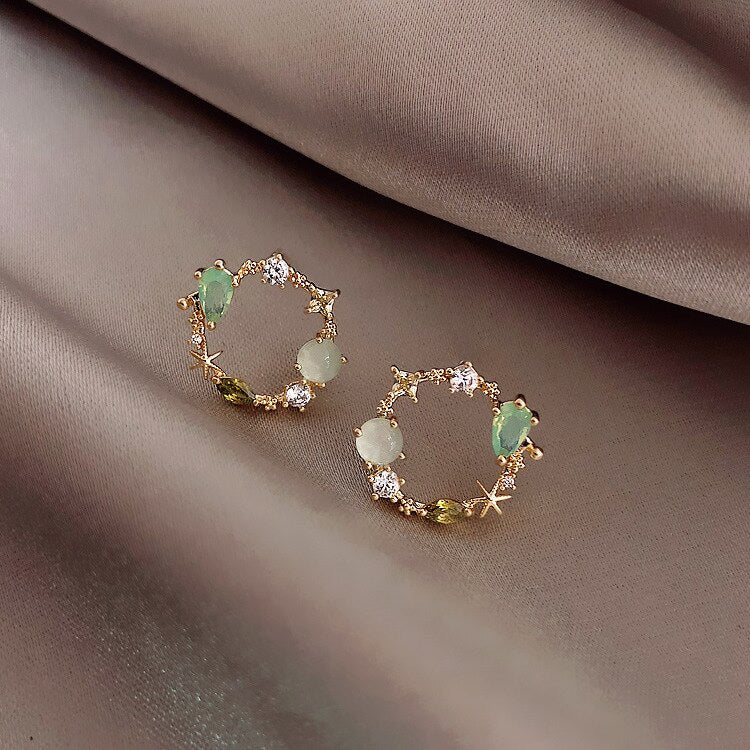 New Arrival Classic Round Pink Green Crystal Stud Earrings for women Sweet Flower Cirlce Jewelry Fashion Brincos Gift