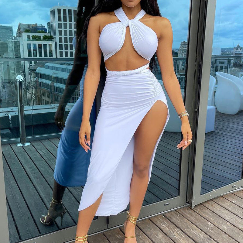 Solid Color Sexy Halter Neck Open Back Sexy Slit Skirt Two-Piece Set