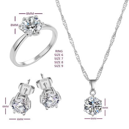 Silver Color Fashion Jewelry Sets Cubic Zircon Statement Necklace & Earrings Rings Wedding Jewelry for Women Gift