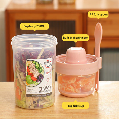 Double-Layer Plastic Salad Cup With Spoon Cover And Fork Sealed For Students Portable Light Food Cup