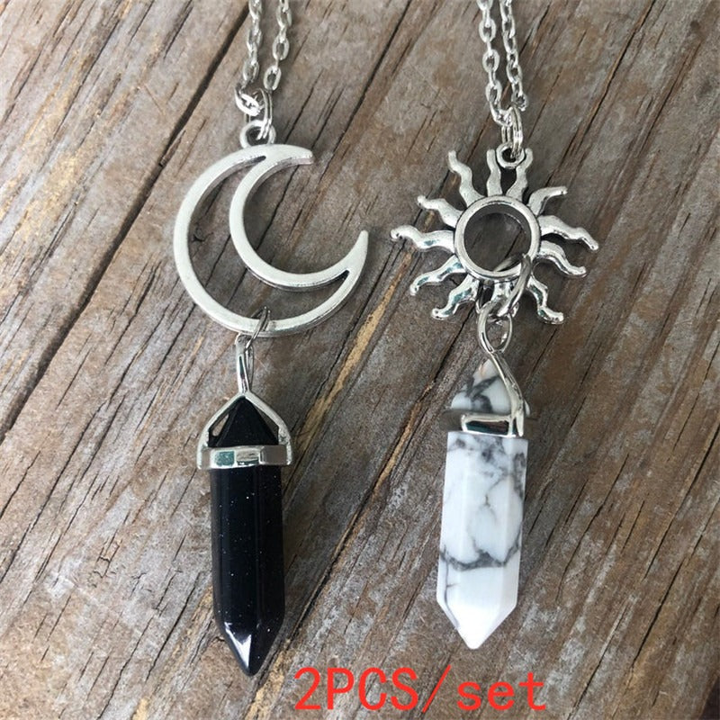 2 PCS New Retro Sun Moon Natural Stone Hexagonal Column Crystal Couple Jewelry Necklace