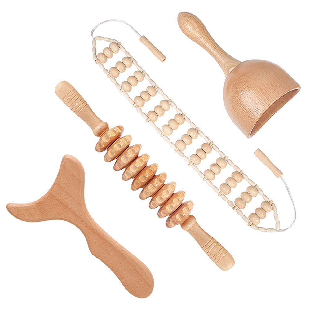 Beech wood therapy scraping cup, meridian dredging roller, tendon rolling stick, scraping board, head massager, massage set