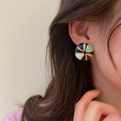 Silver Needle Colorful Oil Dripping Geometric Earrings Korean Minority Design Fashion Earrings Retro Temperament Simple Earrings