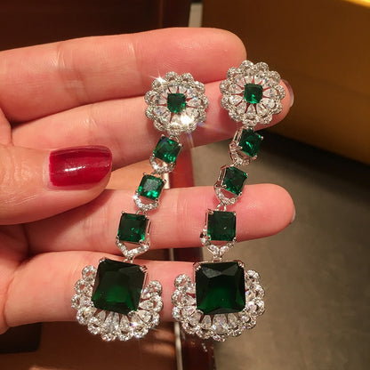 Retro Luxurious Green Square Earrings Trend Tassel Women Crystal Jewelry Top Quality Cubic Zirconia Fashion Friends Gift