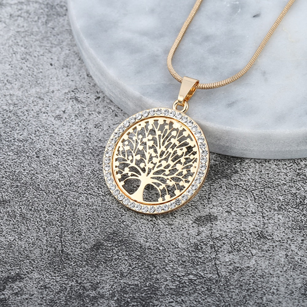 Hot Tree of Life Crystal Round Small Pendant Necklace Gold Silver Color Bijoux Collier Elegant Women Jewelry Gifts