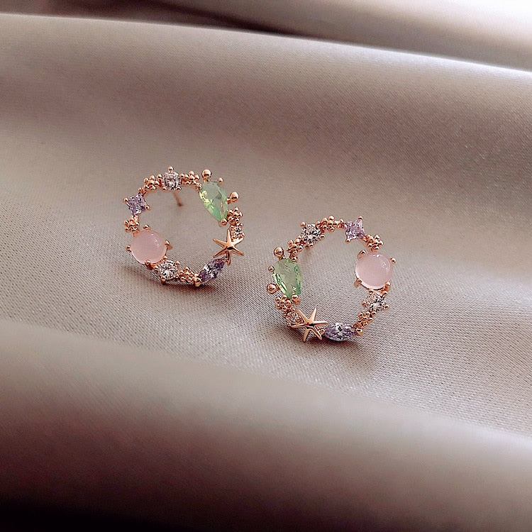 New Arrival Classic Round Pink Green Crystal Stud Earrings for women Sweet Flower Cirlce Jewelry Fashion Brincos Gift