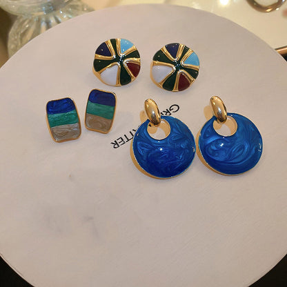 Silver Needle Colorful Oil Dripping Geometric Earrings Korean Minority Design Fashion Earrings Retro Temperament Simple Earrings