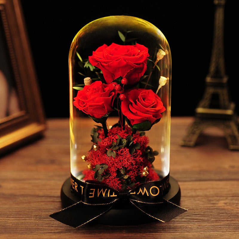 Valentine's Day Gift Practical Immortal Flowers Dried Roses Glass Cover Gift Box Creative Ornaments Immortal Flowers