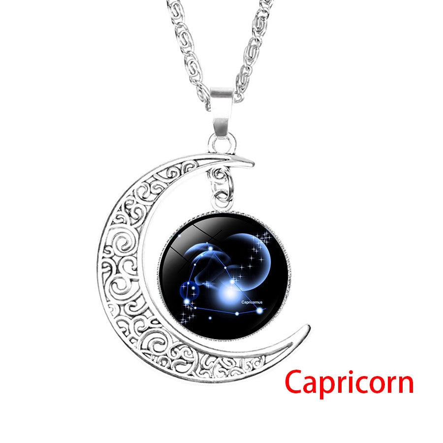 12 Zodiac Sign Pendant Necklace Glass Cabochon Double Galaxy Constellation Horoscope Astrology Necklace For Women Men Jewelry