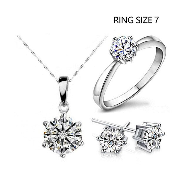 Silver Color Fashion Jewelry Sets Cubic Zircon Statement Necklace & Earrings Rings Wedding Jewelry for Women Gift