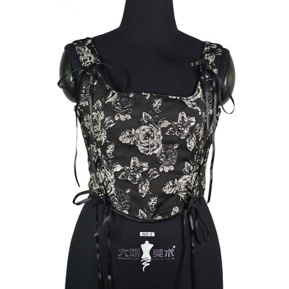 Black Rose Double Layer Fishbone Corset Waistband Retro Corset Outerwear