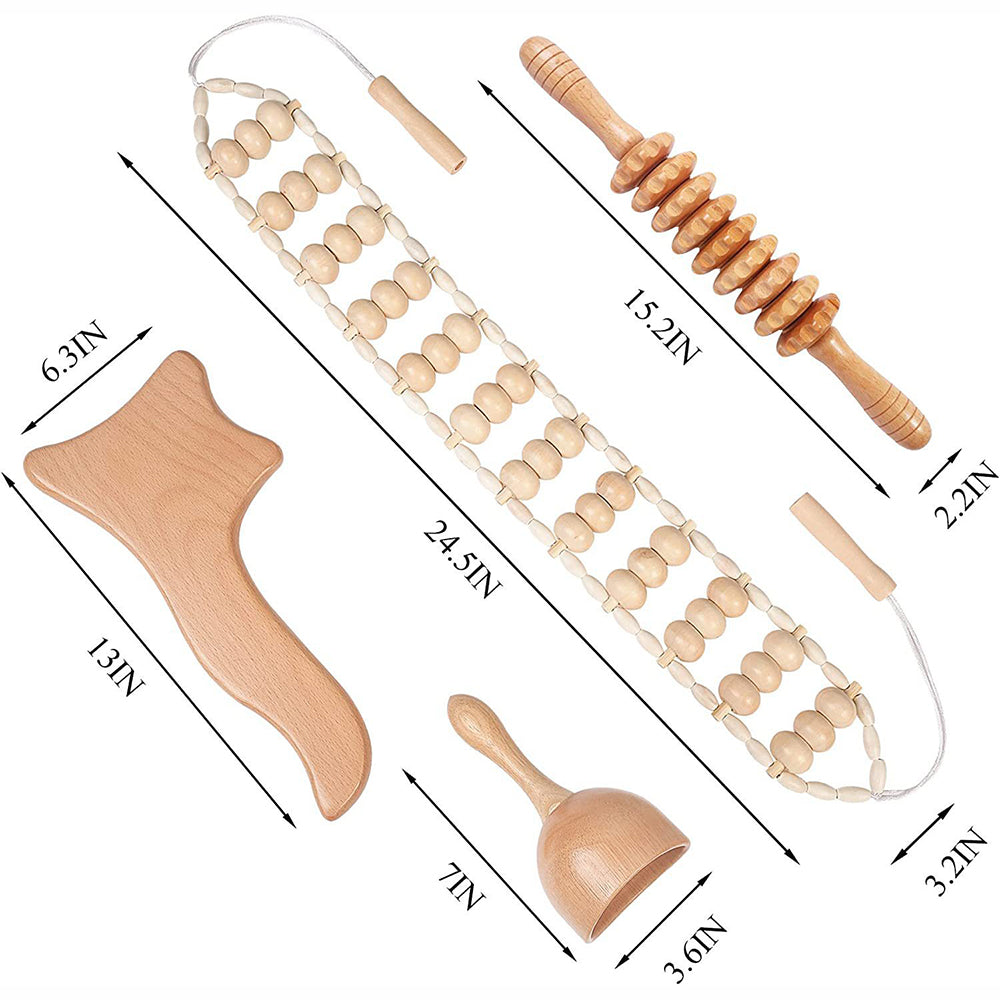 Beech wood therapy scraping cup, meridian dredging roller, tendon rolling stick, scraping board, head massager, massage set