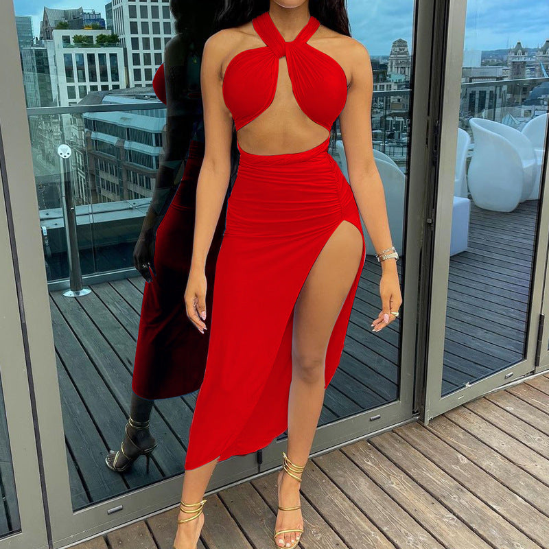 Solid Color Sexy Halter Neck Open Back Sexy Slit Skirt Two-Piece Set