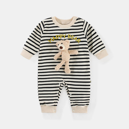 Baby Jumpsuit Autumn New Men And Women Baby Striped Three-Dimensional Bear Romper Long Sleeve Spring And Autumn Baby Clothes