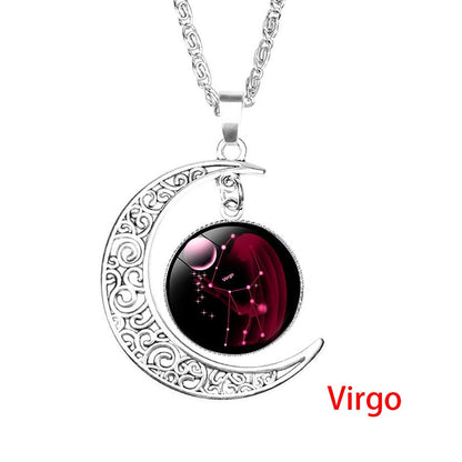 12 Zodiac Sign Pendant Necklace Glass Cabochon Double Galaxy Constellation Horoscope Astrology Necklace For Women Men Jewelry