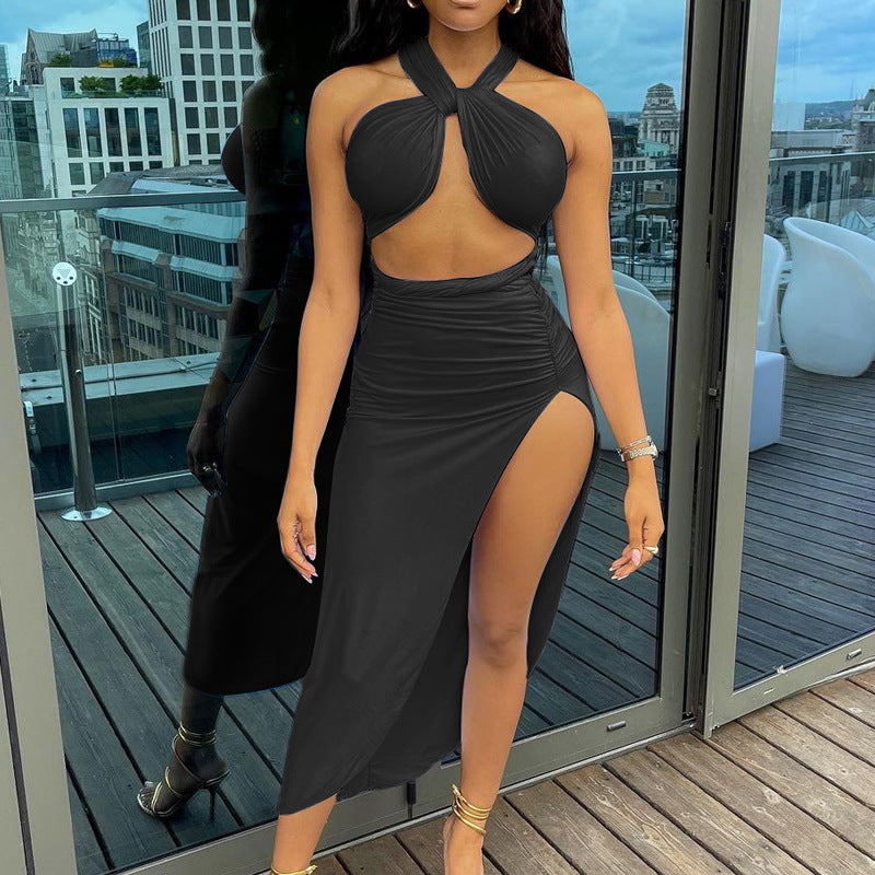 Solid Color Sexy Halter Neck Open Back Sexy Slit Skirt Two-Piece Set