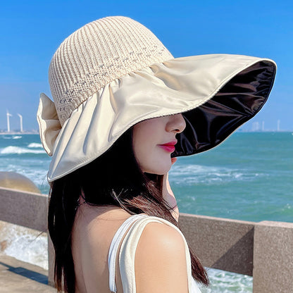 Big Brim Hat Outdoor UV Protection Big Head Sun Hat Silver Silk Thread Rear Opening Bow Sun Hat